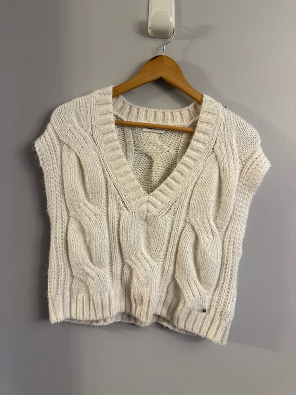 Brownie Cream Cable Knit Sweater Vest Cropped Chunky V Neck Size S